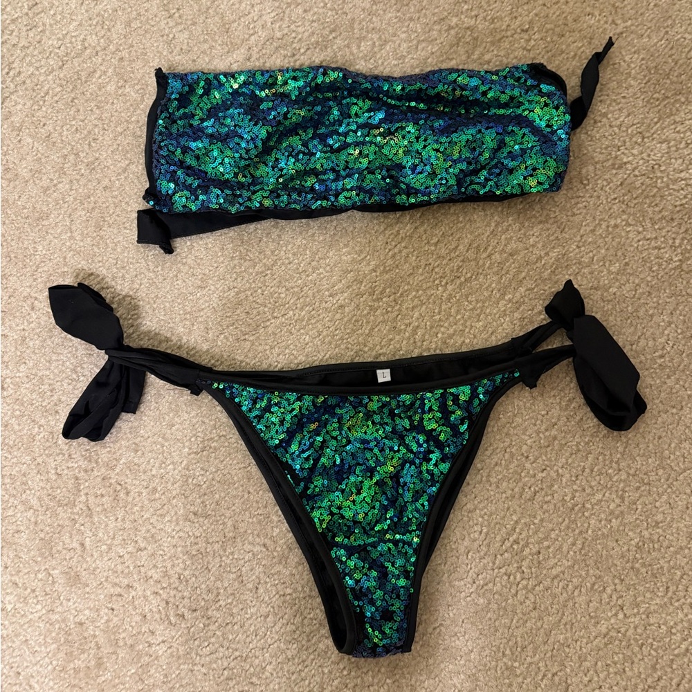 Sequin Bikini Set in Green and Blue